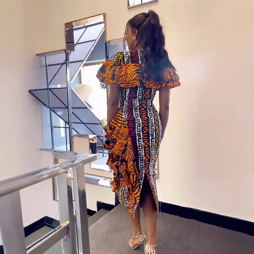 Women Elegant Printed Wood Ear Lace Contrast Slit Dress 4