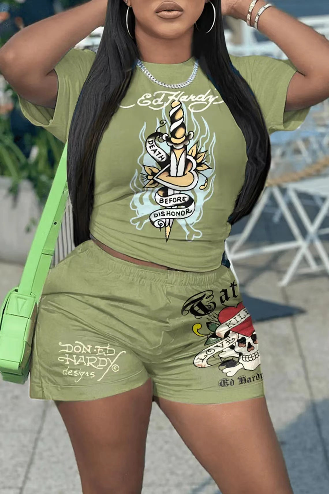 Women's Spring And Summer Printed Short-Sleeved Sports Two-Piece Shorts Set 10