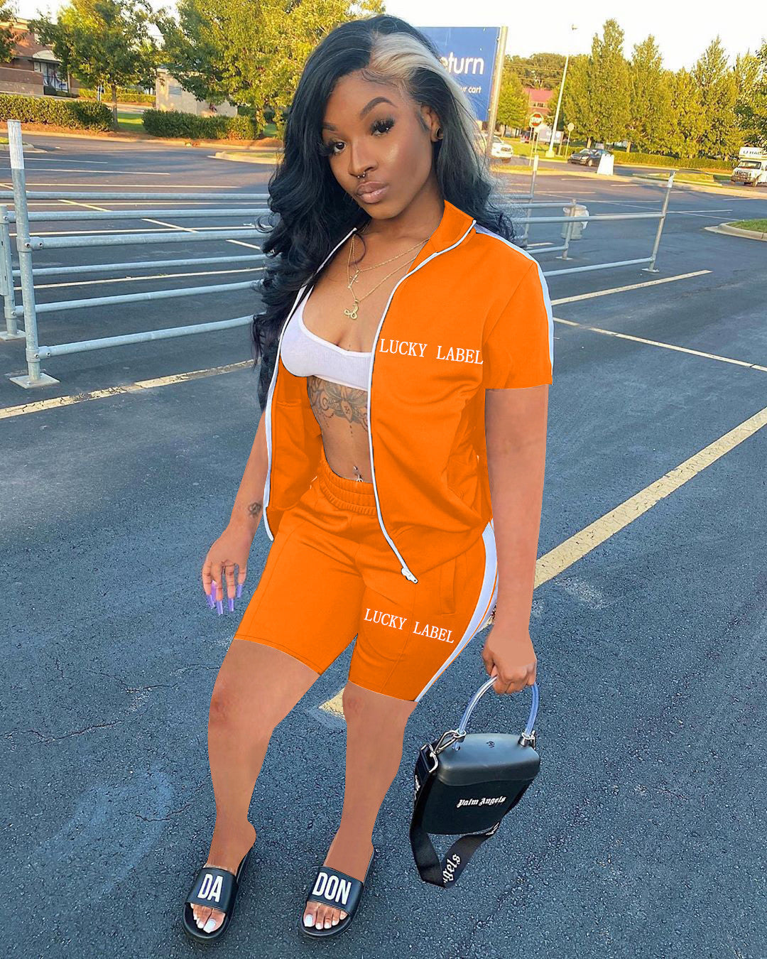 Women's Fashion Letter Embroidery Zipper Sports Two-Piece Shorts Set 3