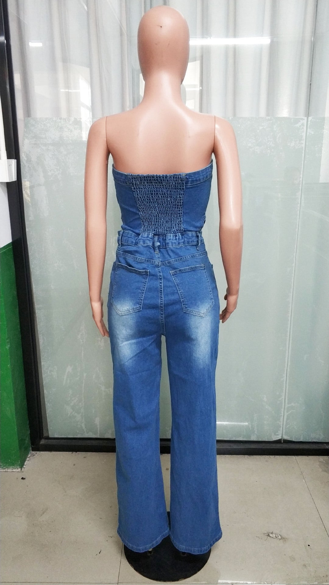Women Strapless Off Shoulder Denim Wide-Leg Jumpsuit 7