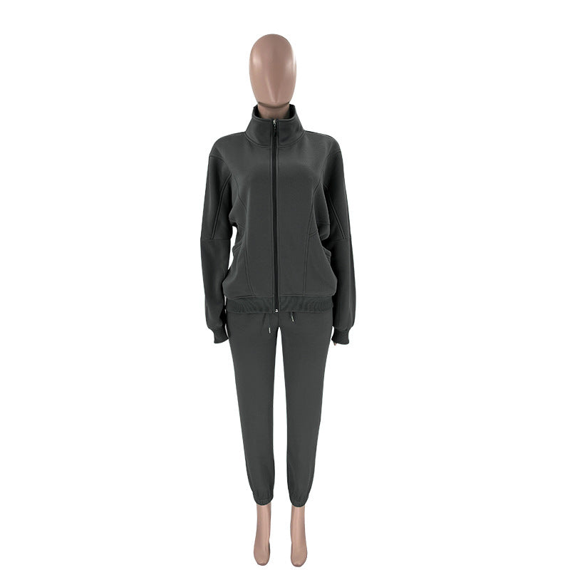 Women Autumn and Winter Solid Stand Collar Cardigan Long Sleeve Top and Casual Pants Two-piece Set 18