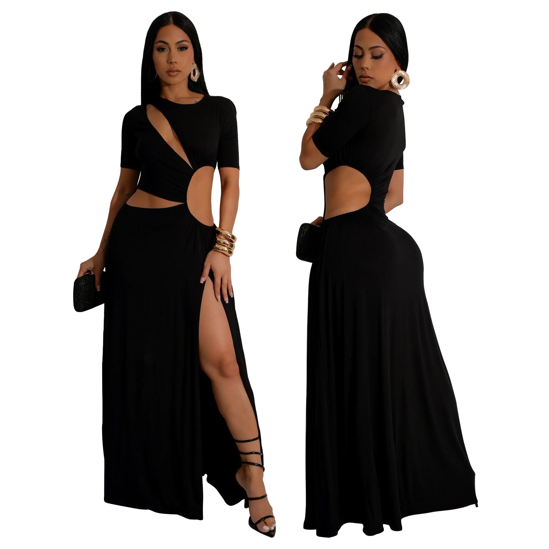 Women's Sexy Hollow Waist Irregular Long Solid Color Slit Dress 3