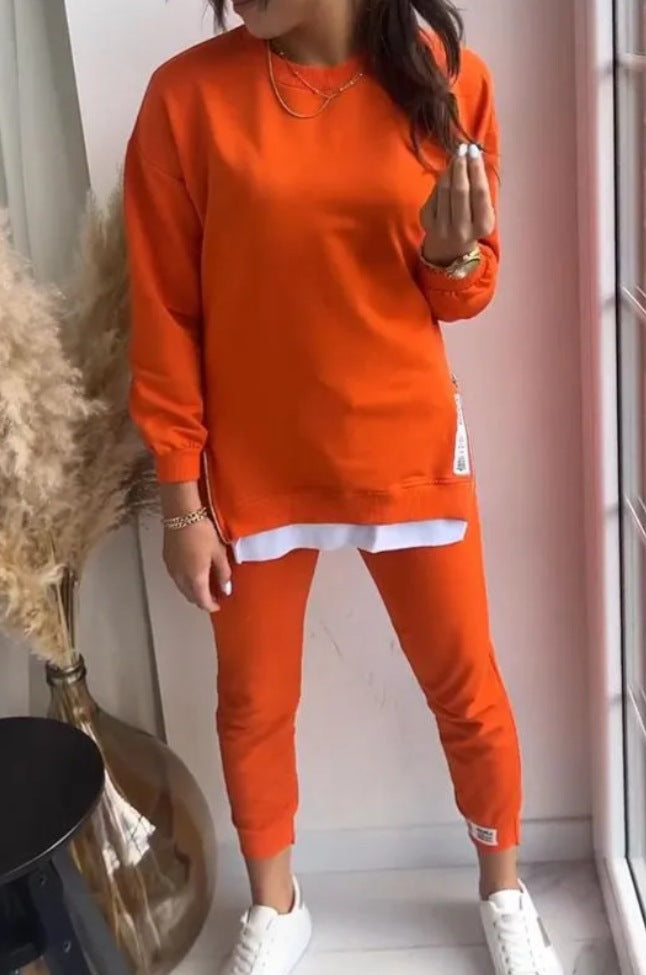 Women Round Neck long-sleeved zipper Top and Pant Two Piece Set 5