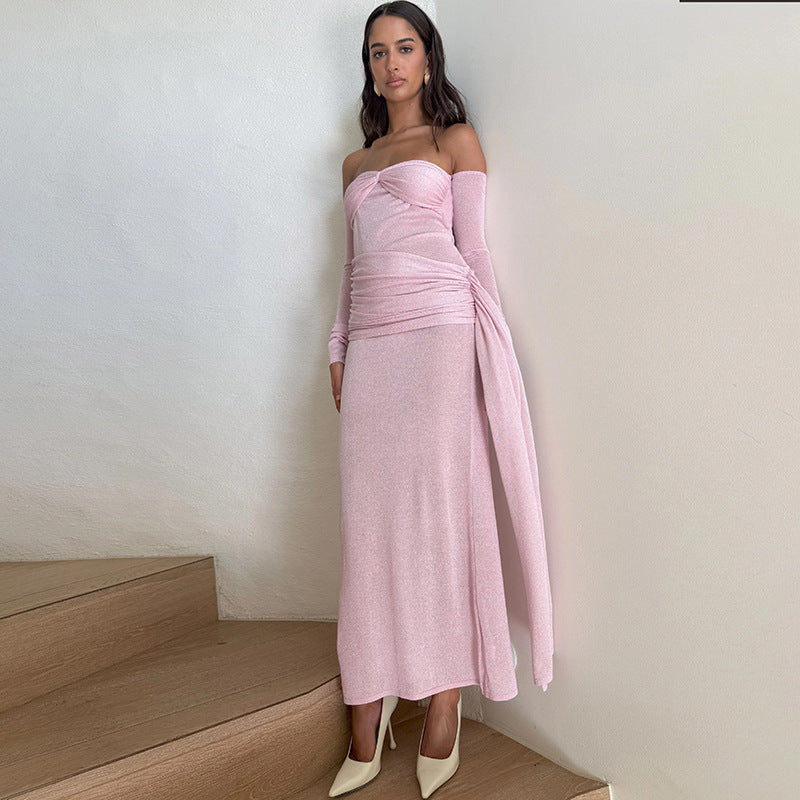 Women summer solid elegant off Shoulder Strapless Dress 4