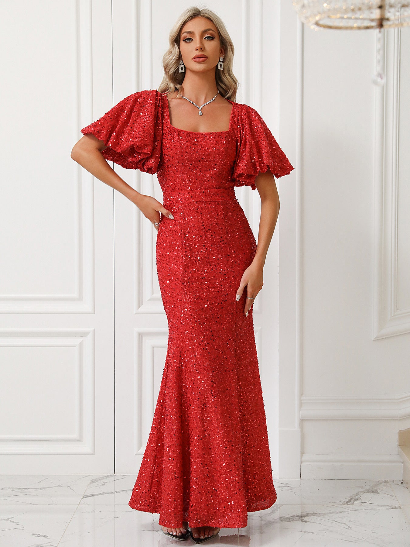 Women's Sequin Square Neck Slim Formal Party Evening Dress