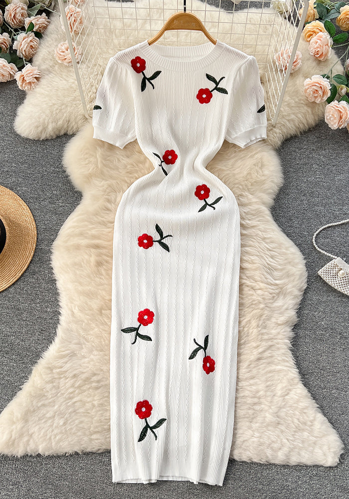 Summer Chic Embroidered Rose Short Sleeve Bodycon Knit Dress