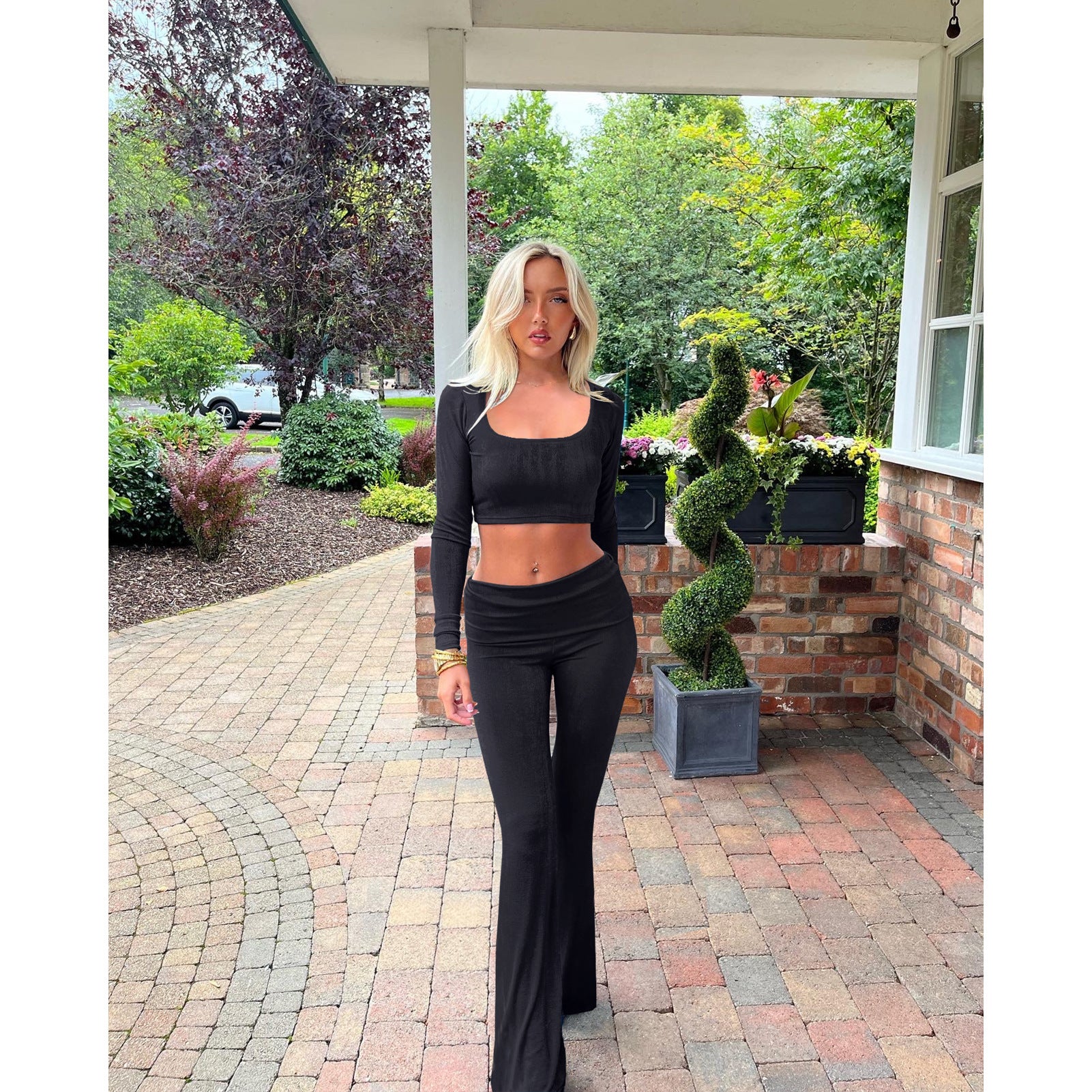 Women's Fashion Solid Color Square Neck Top Low-Waist Bell Bottom Pants Set 4