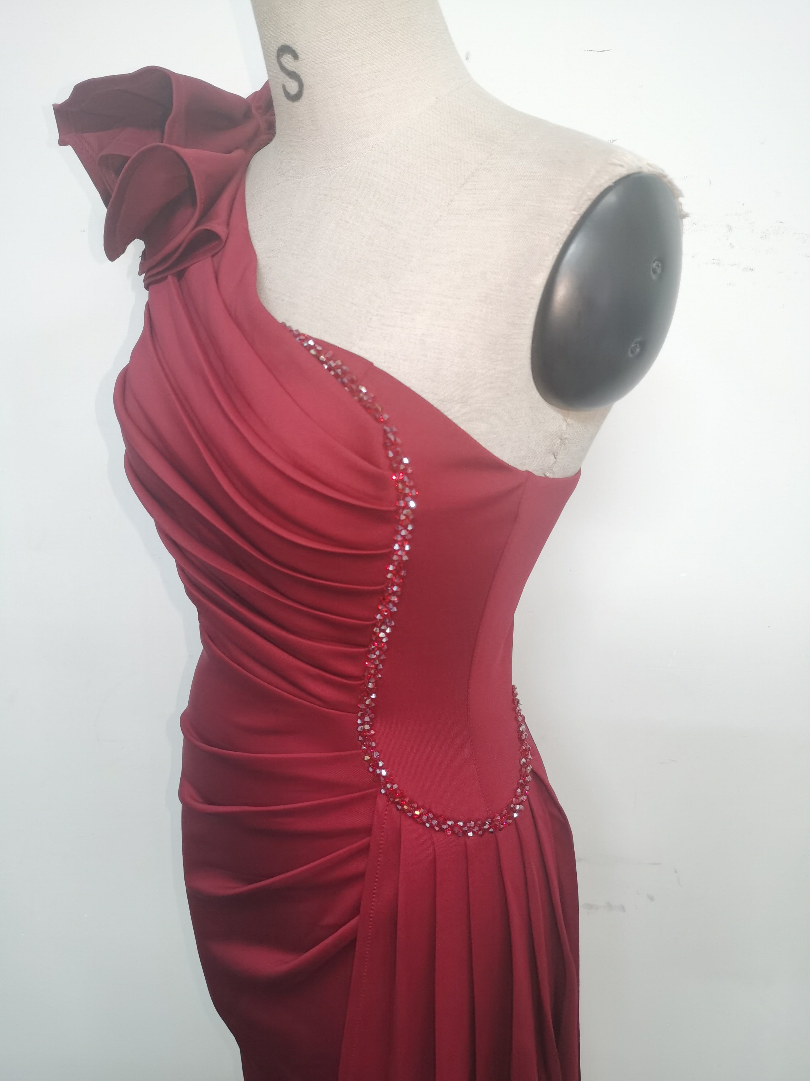 Women Beaded Flower Pleated Off-shoulder Split Evening Dress 34