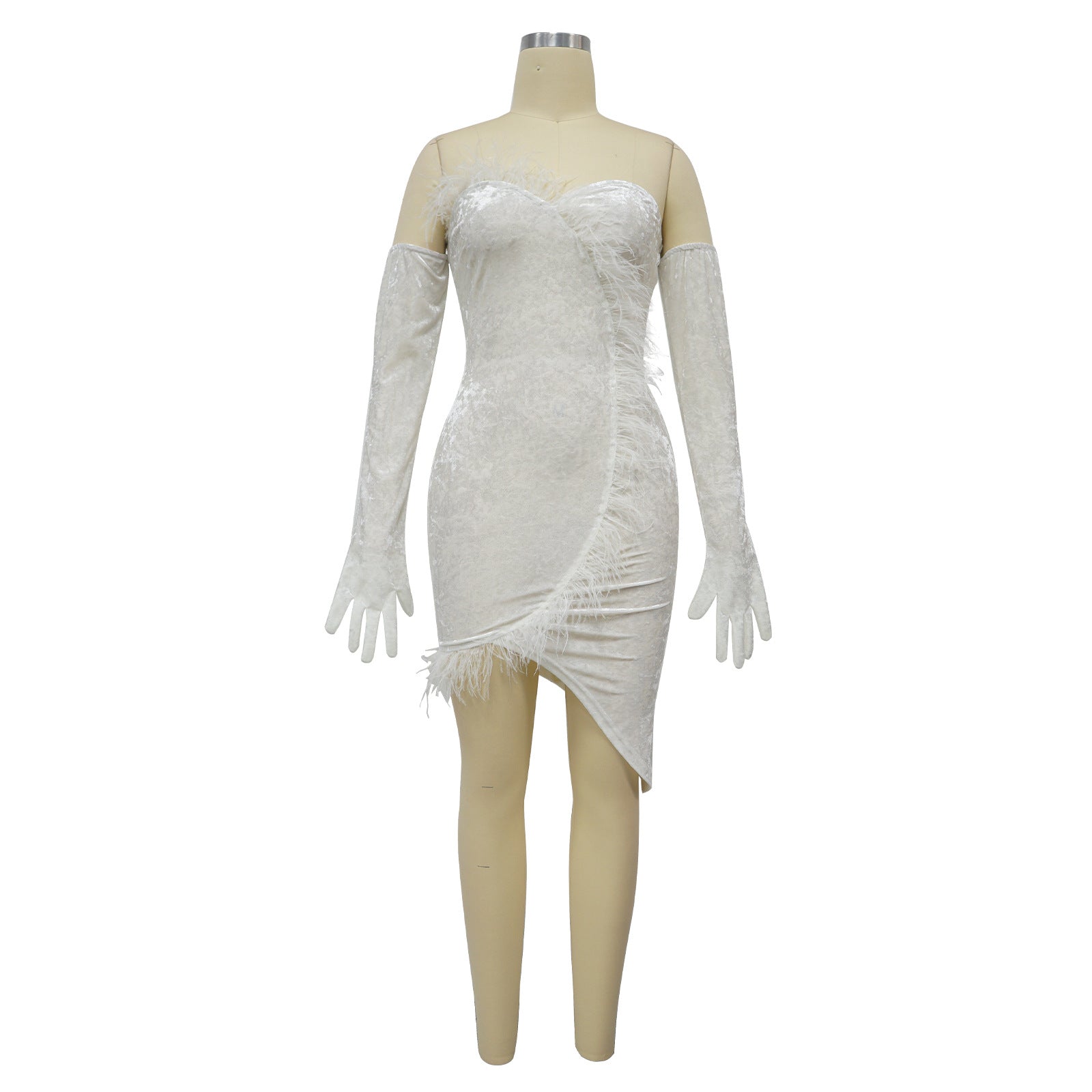 Women's Autumn Winter Feather Velvet Slim Bodycon Dress With Gloves 15