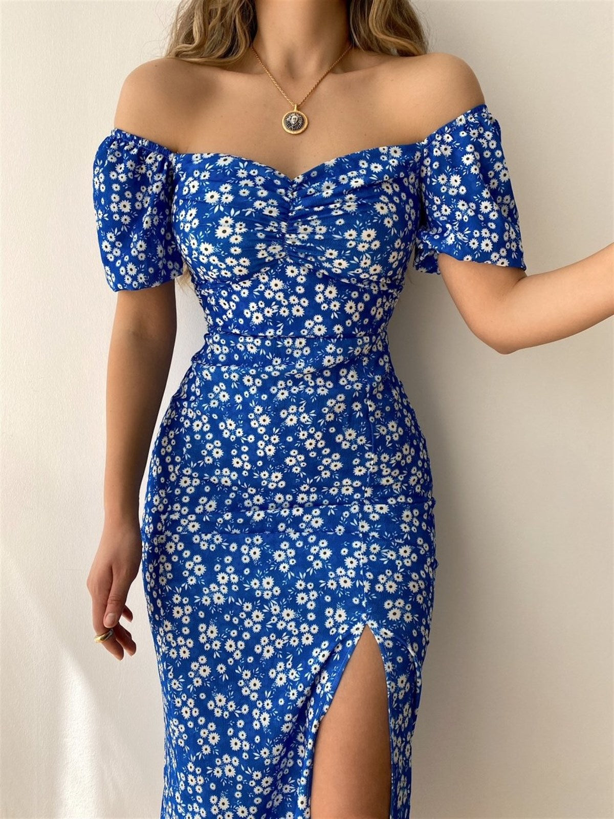 Women'S Off Shoulder Dress Classic Floral Elegant Slim Fit Slit Dress 9