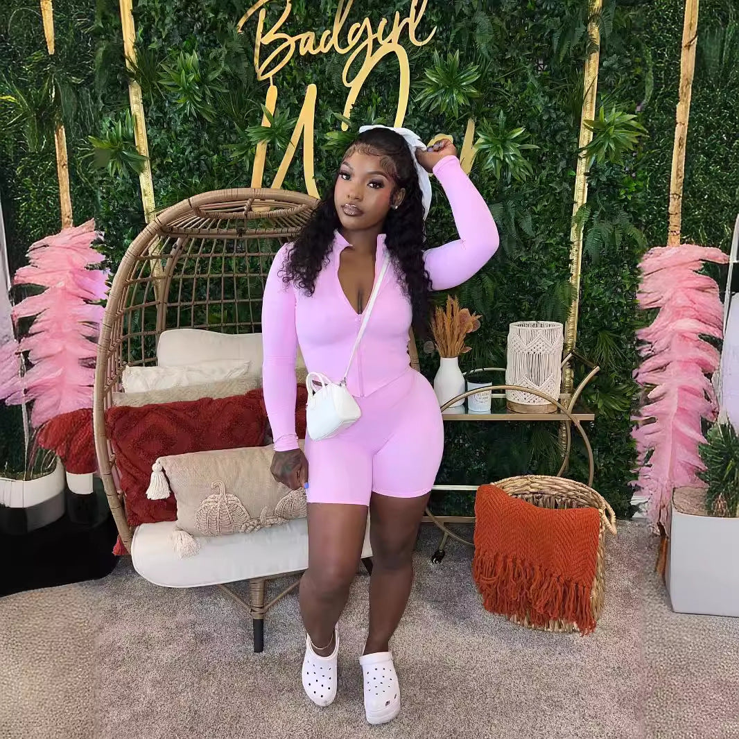 Women's Autumn Sports Casual Tight Fitting Slim Waist Solid Color Long-Sleeved Top Shorts Two-Piece Suit For Women 5