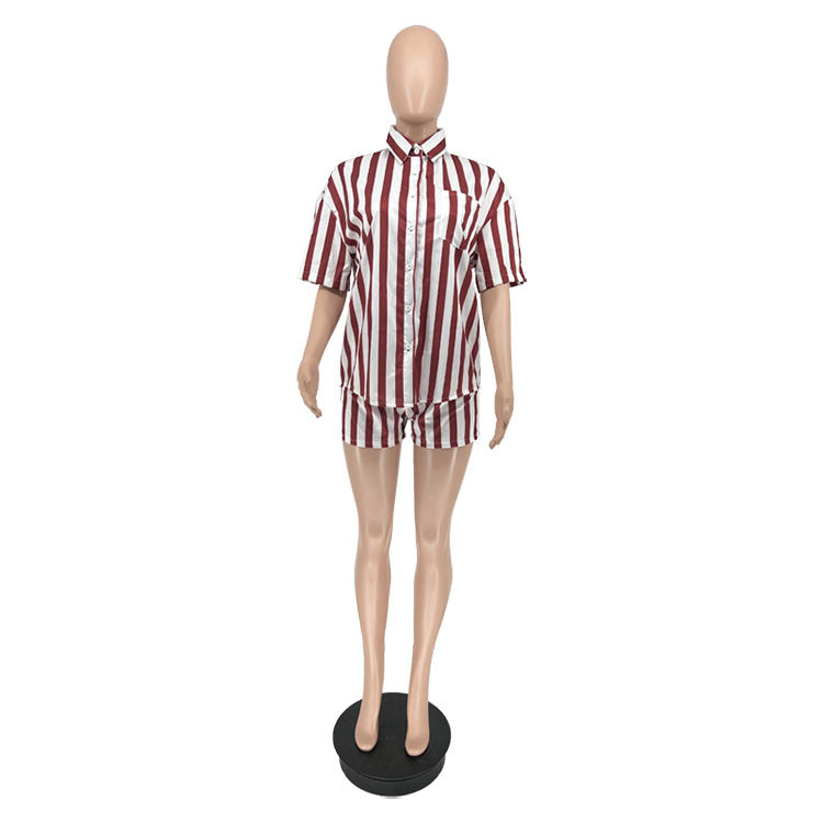 Women's Summer Fashion Stripe Print Set Loose Blouse Two Piece Set 15