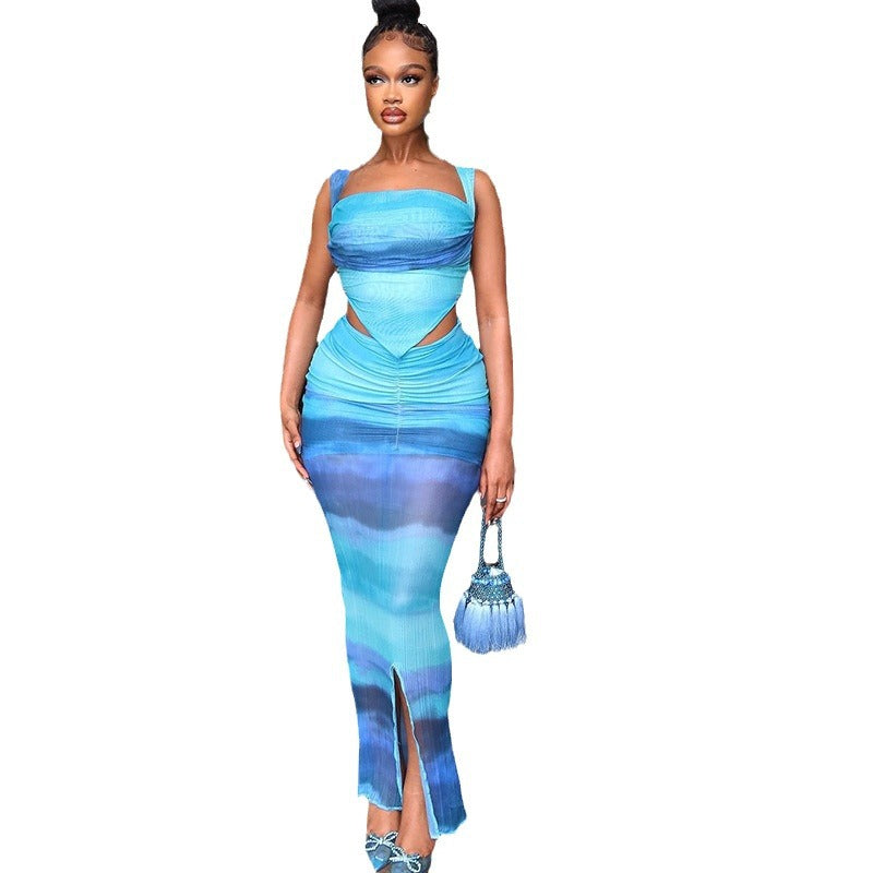 Women sexy lace-up vest And split printed skirt two-piece set 6