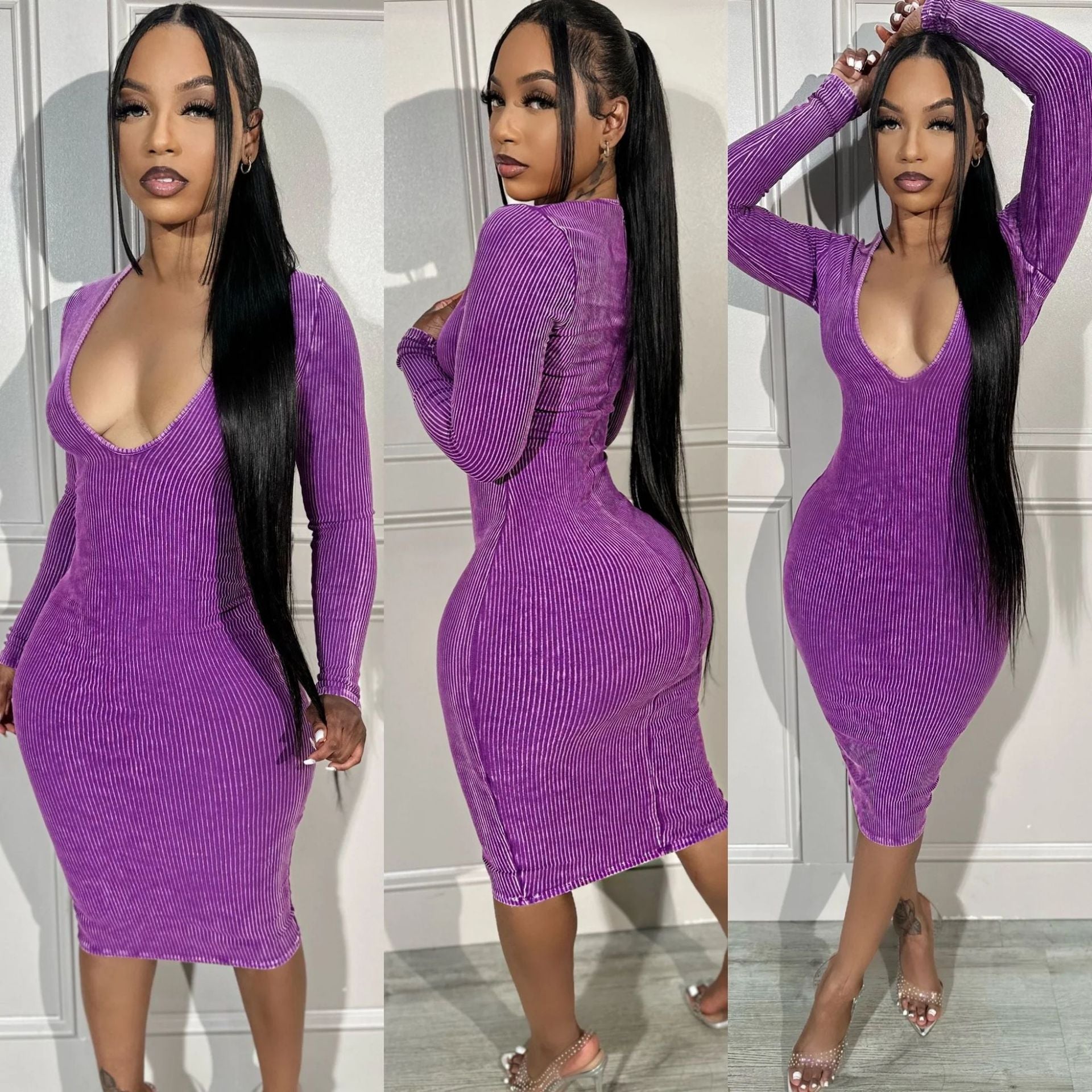 Women Ribbed Ribbed Long Sleeve V-Neck Sexy Bodycon Dress 5