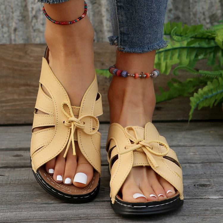 Women Summer Wedge Peep-Toe Slippers Solid Bow Roman Sandals 7