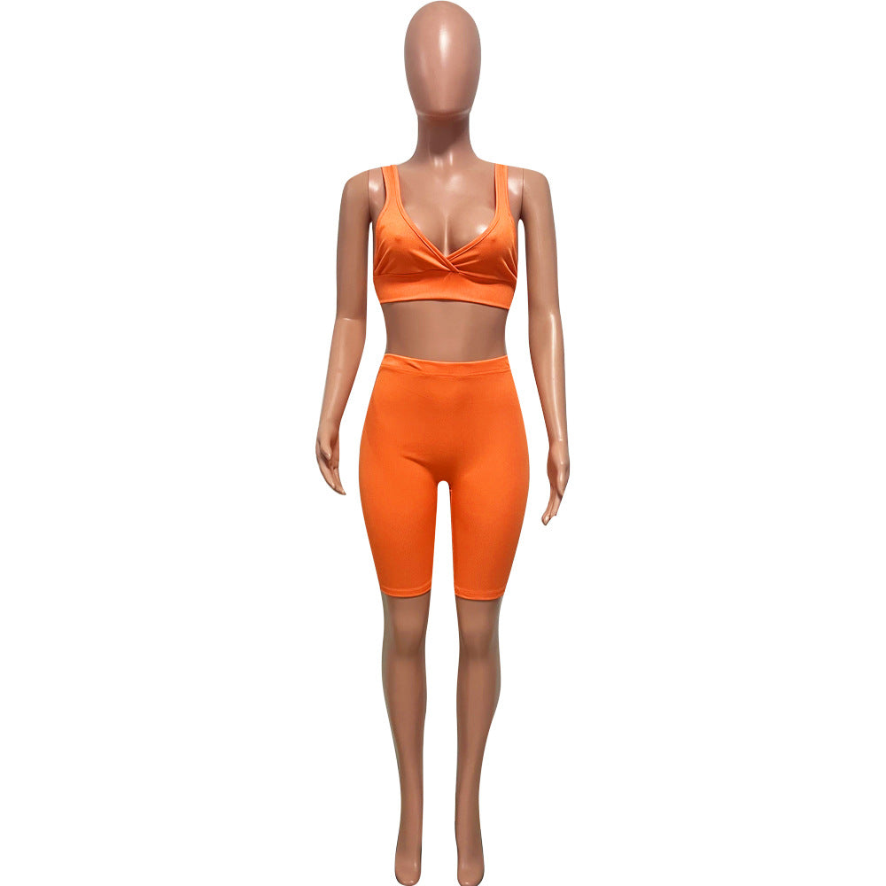 Summer fashionable beach holidays casual ribbed solid color two-piece shorts set 15