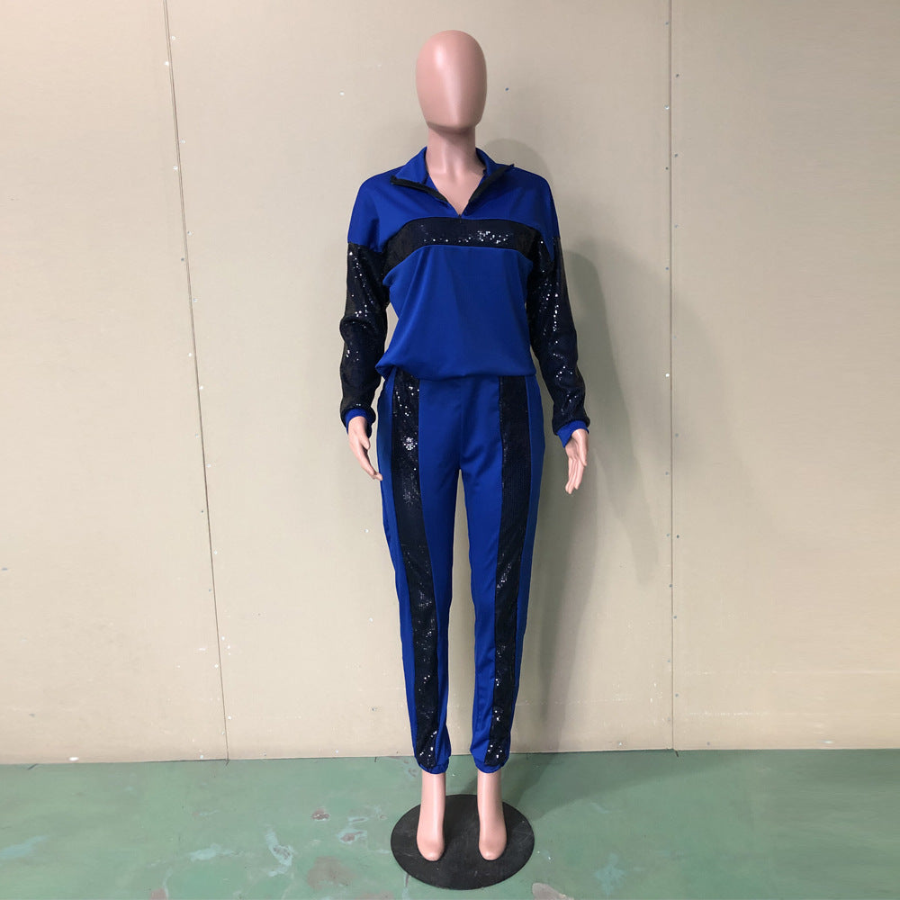 Women Sequin Colorblock Long Sleeve Top and Pant Two Piece Set 7