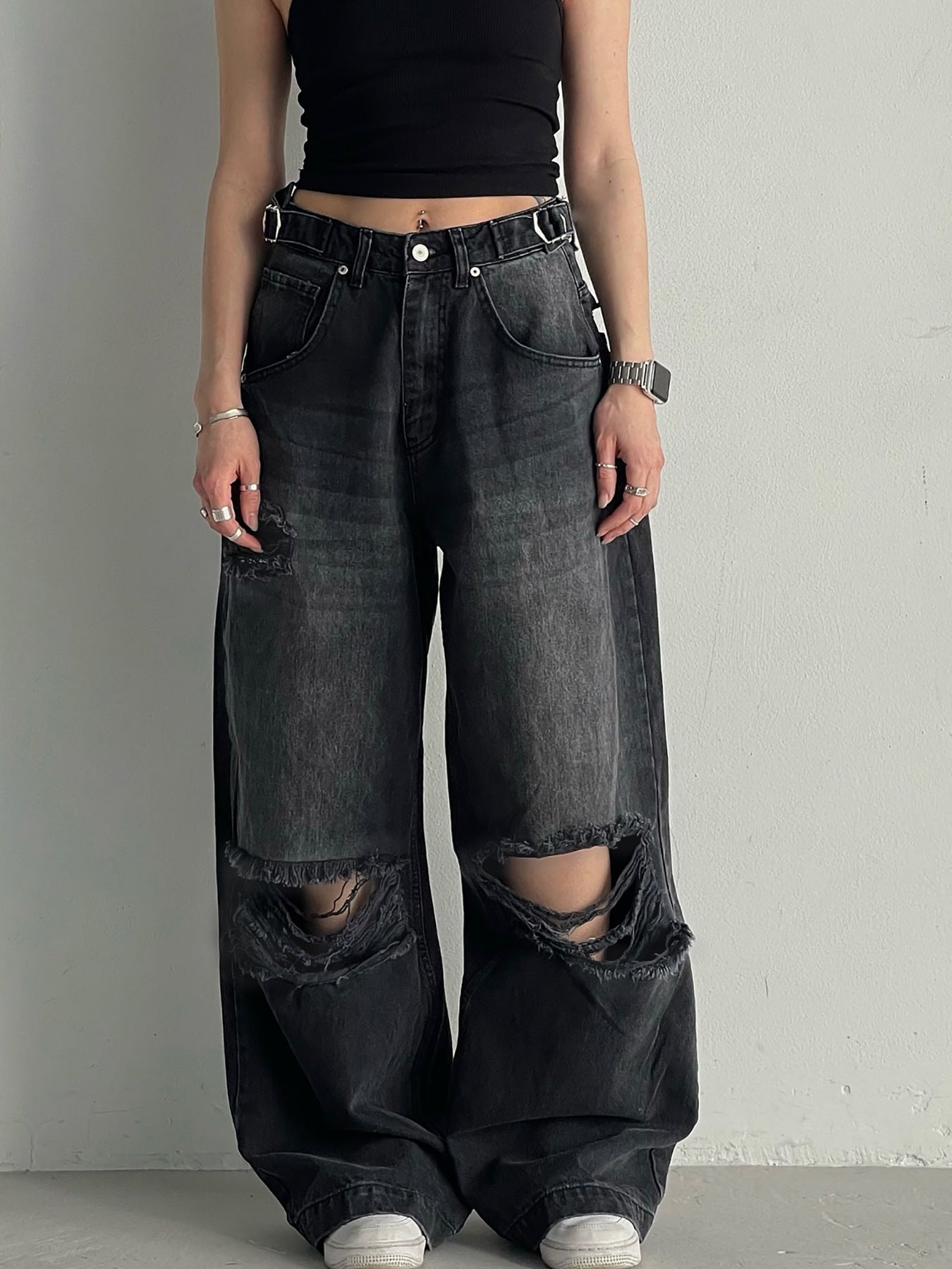 Women Ripped Waist Adjustable Denim Wide Leg Pants 6