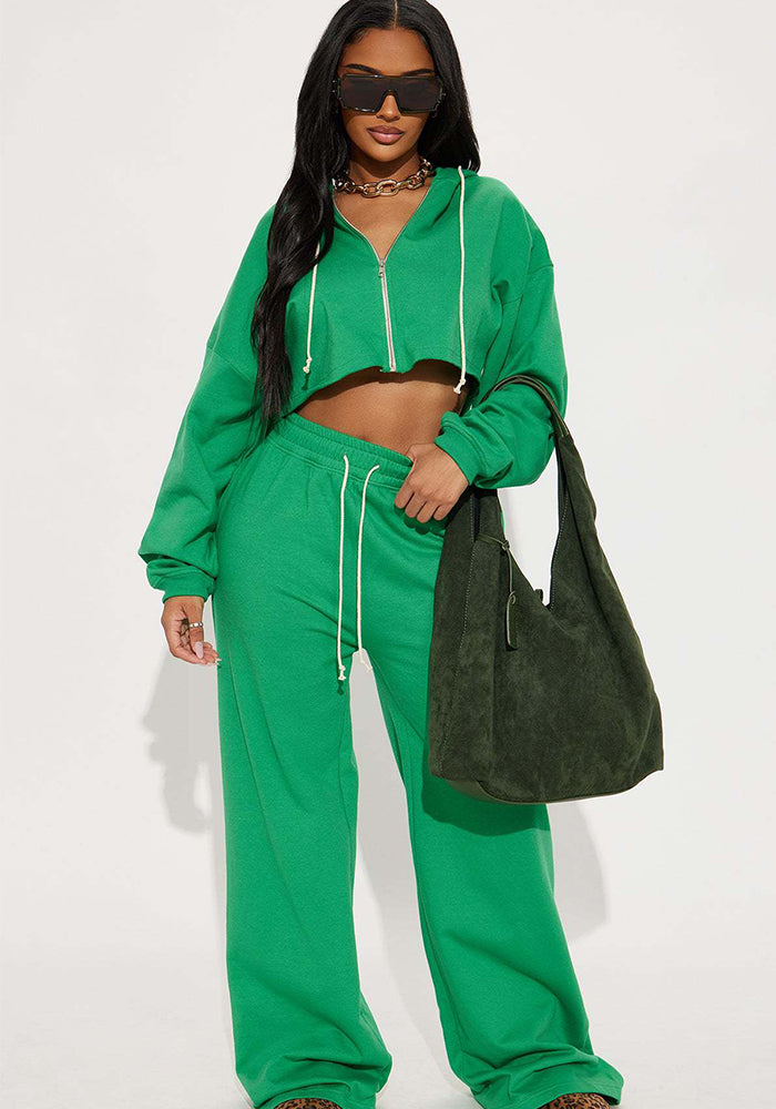 Women Casual Hooded Top and Wide-Leg Pants Two-Piece Set
