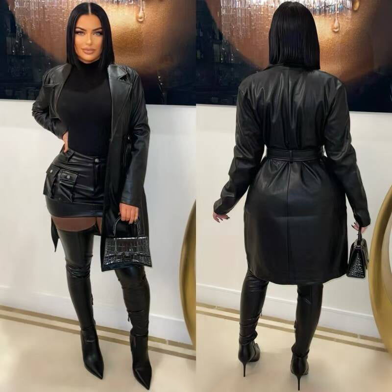 Women Turndown Collar button Pu-Leather jacket