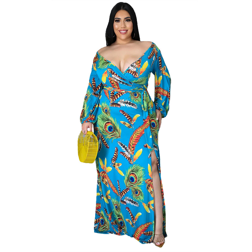 Plus Size Women Feather Print Sexy Slit Dress 8