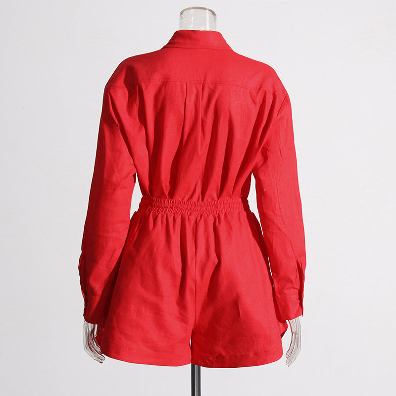 Women Turndown Collar long sleeve solid shirt Top and Casual shorts two-piece set 13