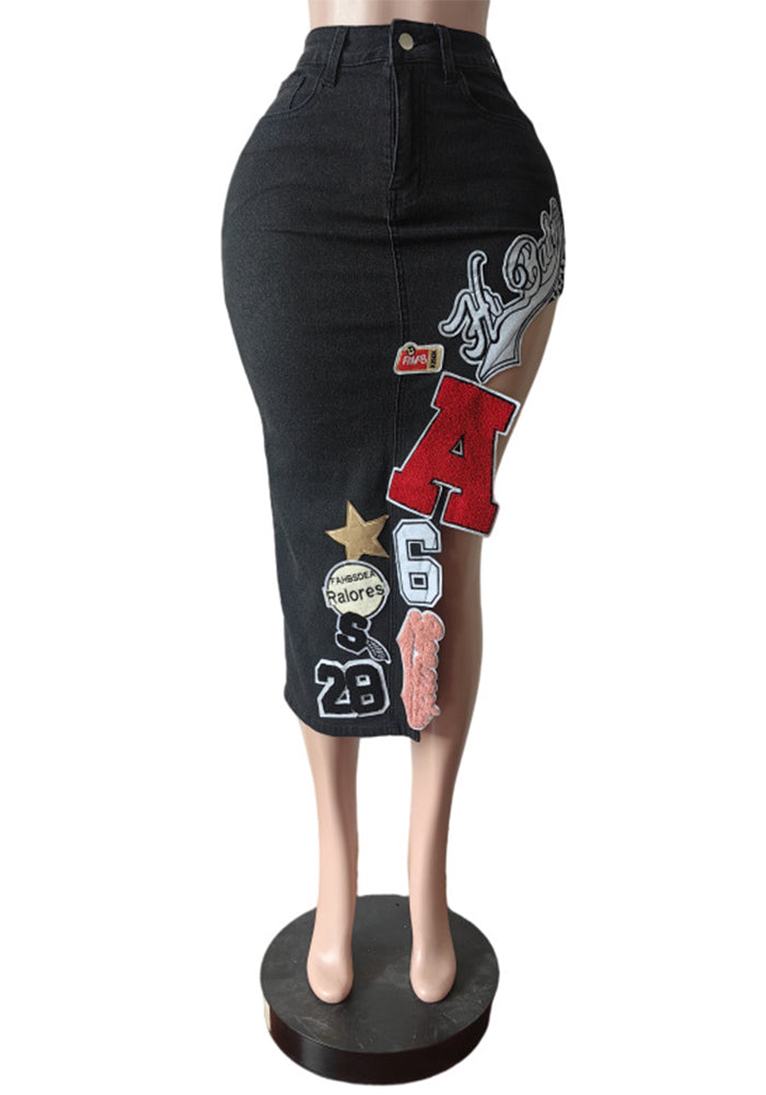 Stretch Letter Embroidered Seven-Part Denim Skirt 4