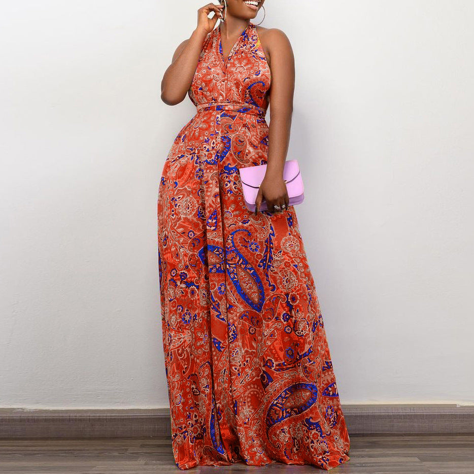 Plus Size Women African Print Halter Neck Beach Jumpsuit 3