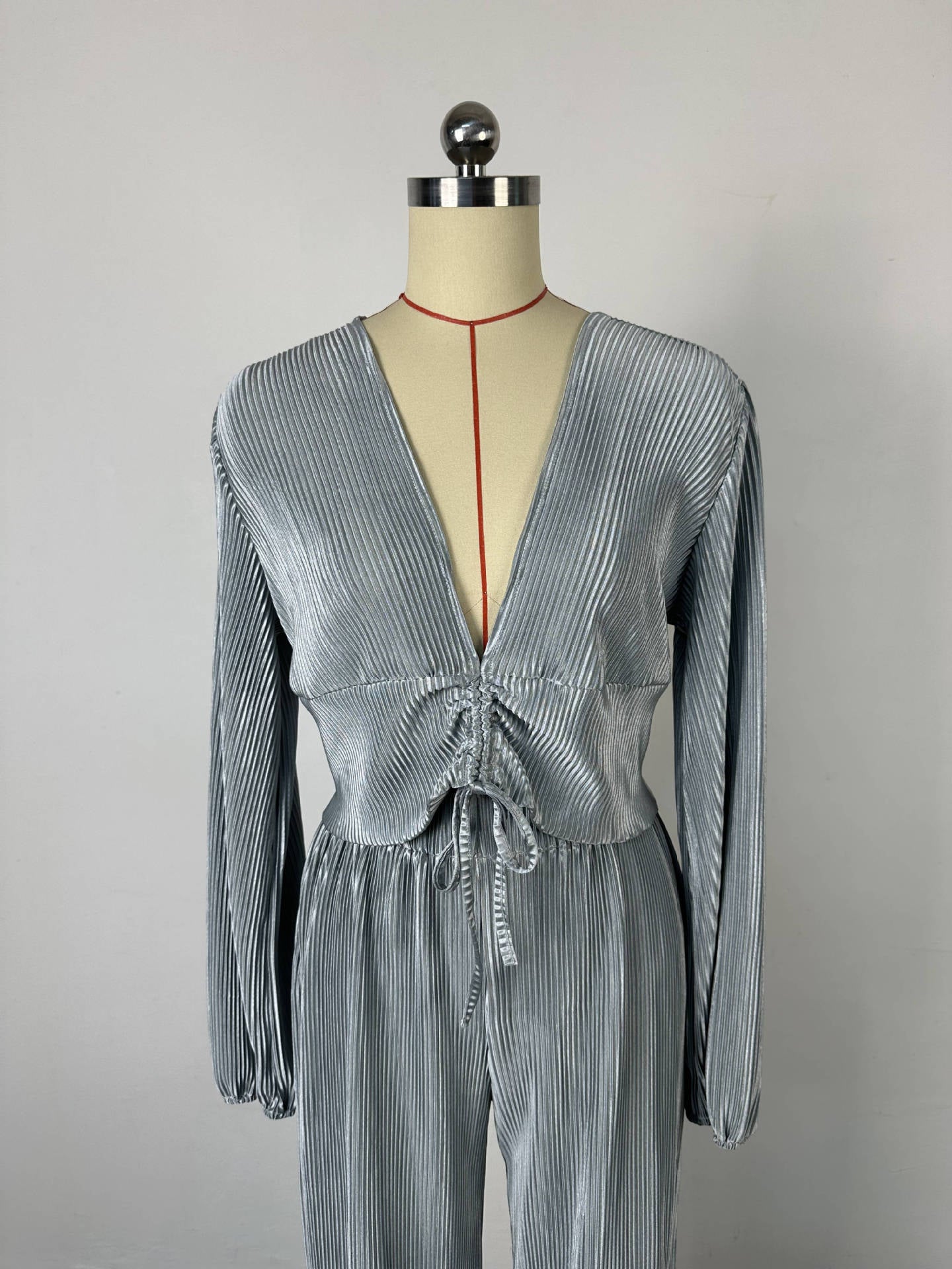 Women's Autumn Fashion V-Neck Puff Sleeve Top Wide Leg Trousers Casual Two Piece Set 11