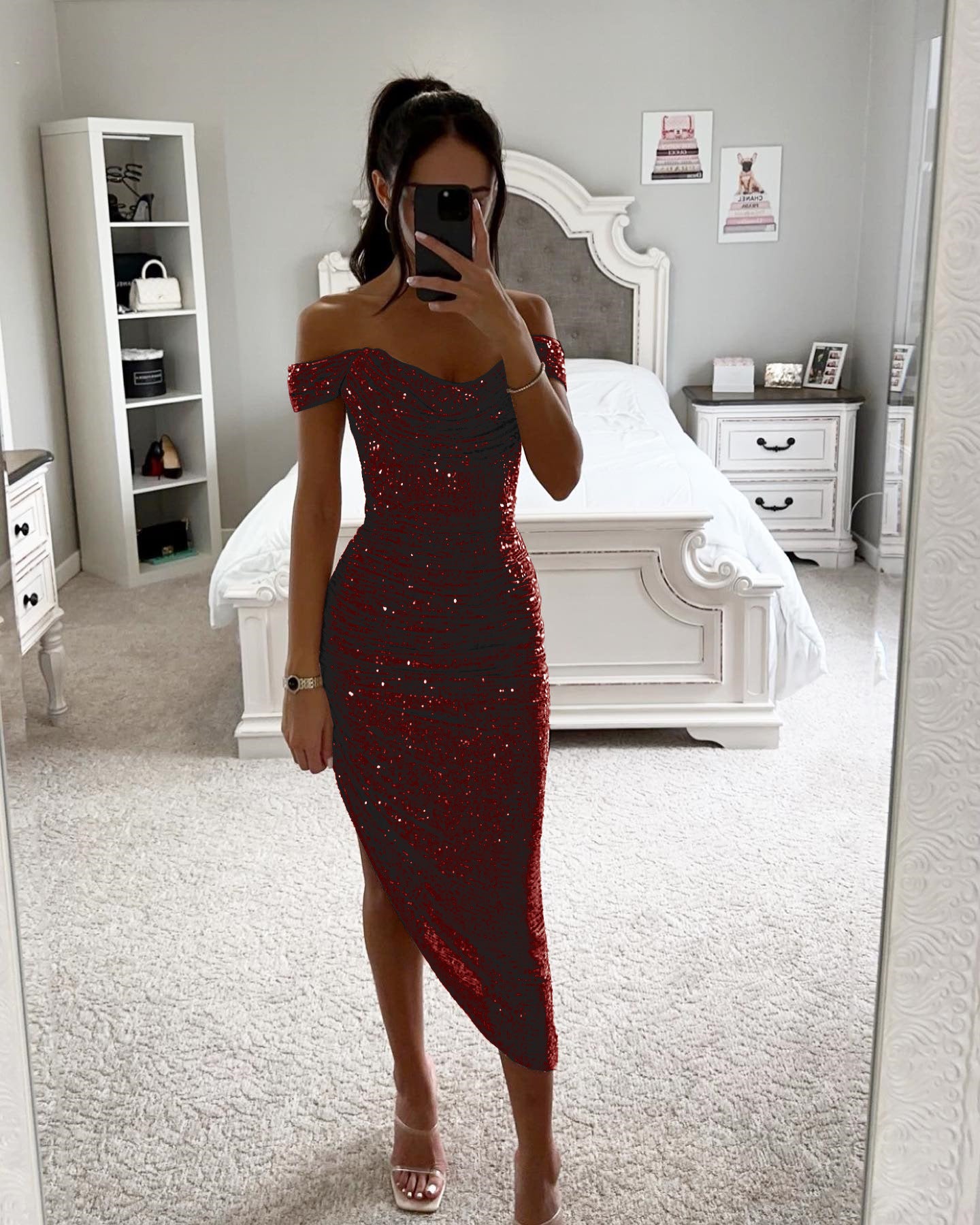 Spring Autumn Sequin Off Shoulder Fashion Party Women's Dress 8