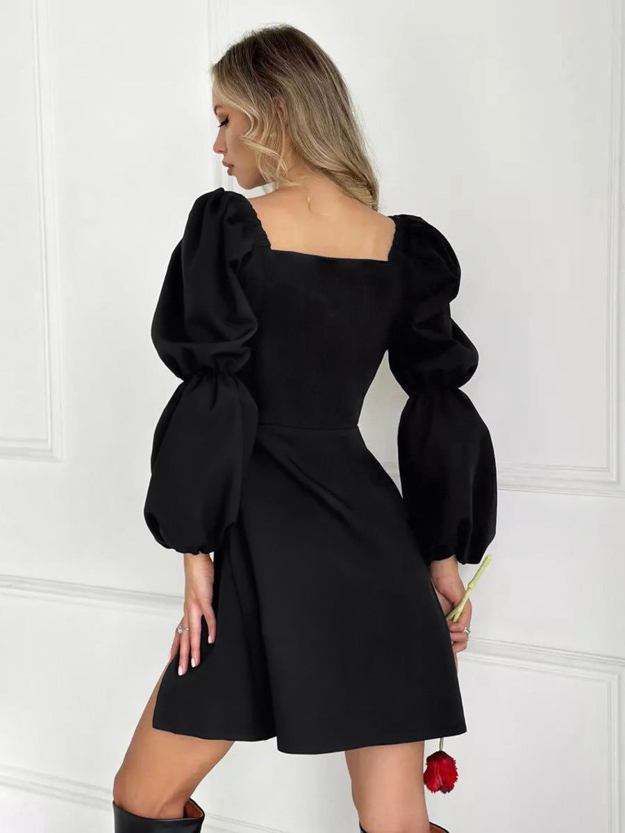 Women Autumn and Winter Sexy V-Neck Long Sleeve Pleated Slit Dress 6