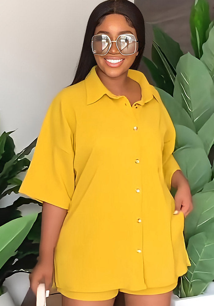 Solid Turndown Collar Long Shirt Casual Shorts Set Women's Two Piece