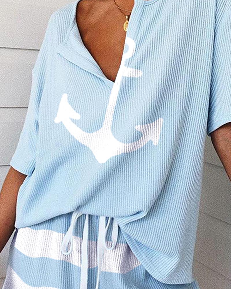 Women Contrast Blue Striped Loungewear Two-piece Set 3