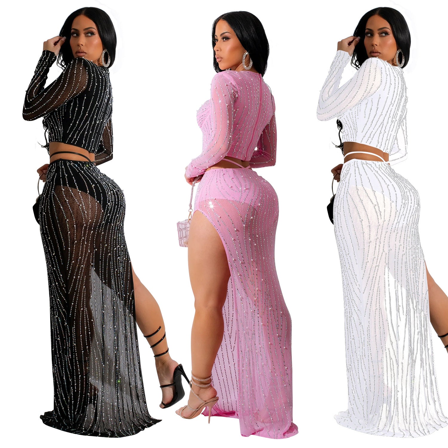 Fashion Women's Solid Color Mesh Beaded Long Sleeve Top Long Skirt Two Piece Set 7