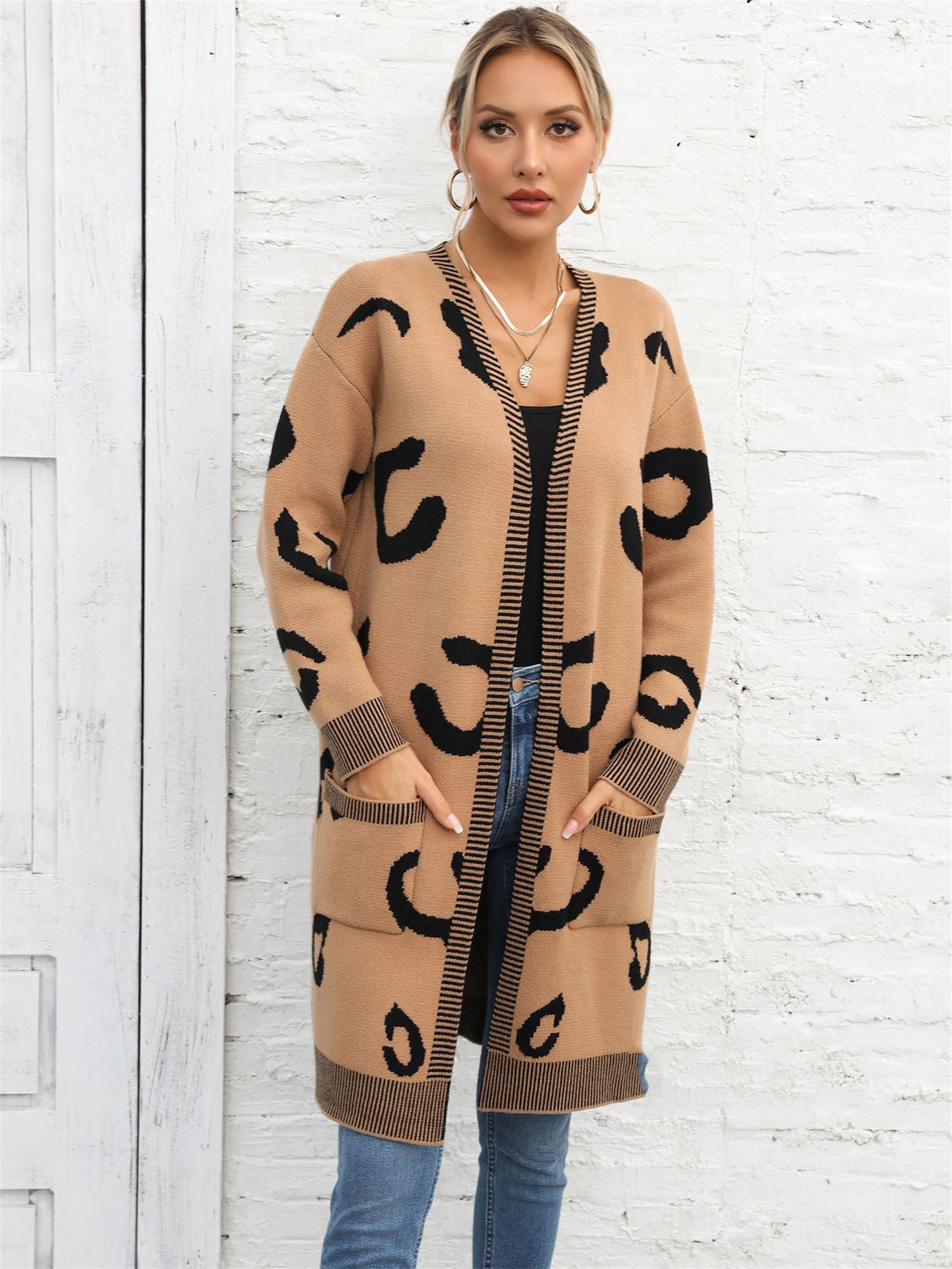 Plus Size Women Fall and Winter Leopard Knitting Cardigan Sweater 15