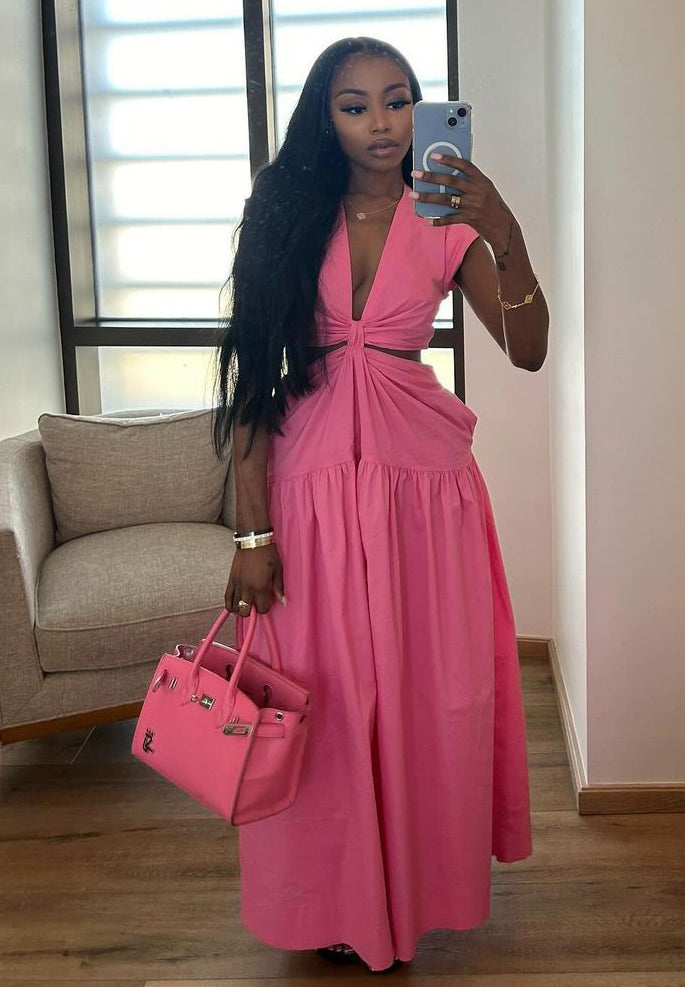 Women's Summer Open Waist Solid Color Long Dress 3