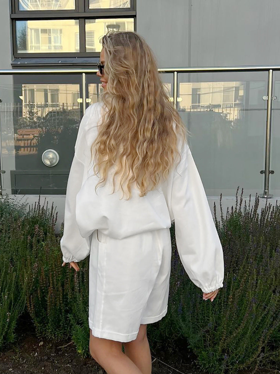 Women Spring and Summer Turndown Clar Lantern Sleeve Top and Shorts Two-piece Set 5