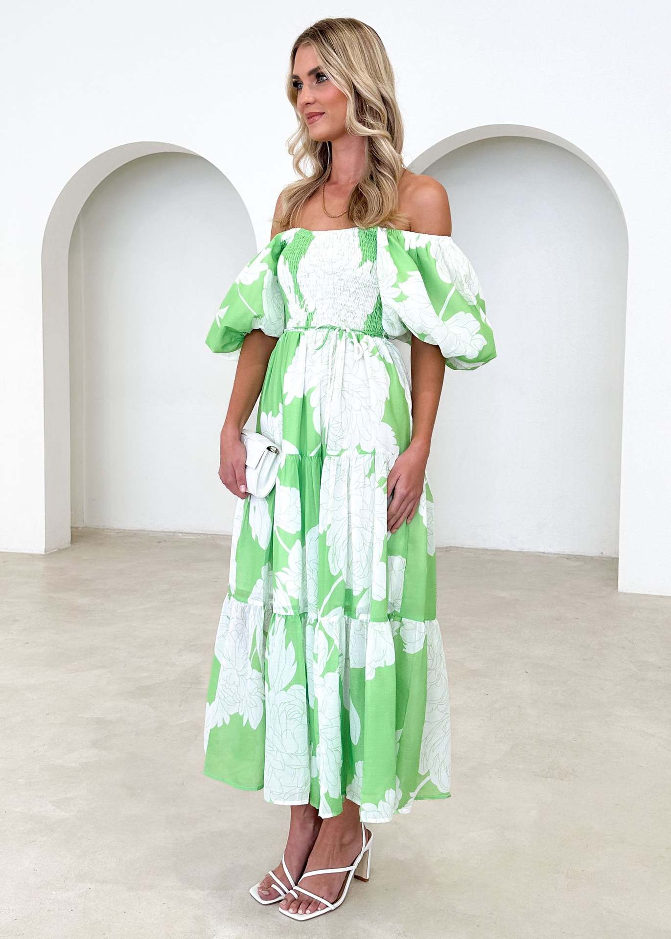 Women Elegant Print Off Shoulder Puff Sleeve Dress 11