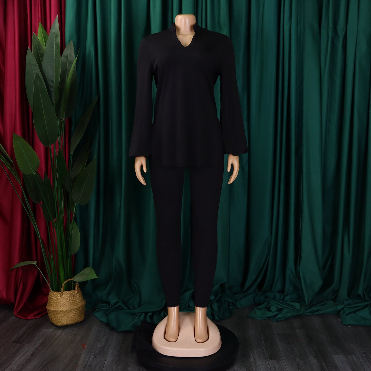 Women's Fall Winter Fashion Solid Color Plus Size V Neck Long Sleeve Top Pants African Suit 16