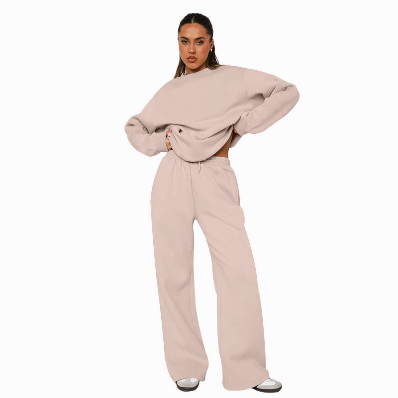 Women Solid long-sleeved Round Neck Top and wide-leg pants Two Piece Set 10