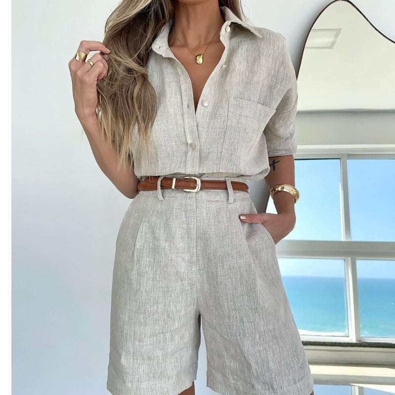 Women's Autumn Solid Color Fashion Linen Long Sleeve Shirt Belt Shorts Women's Suit 6