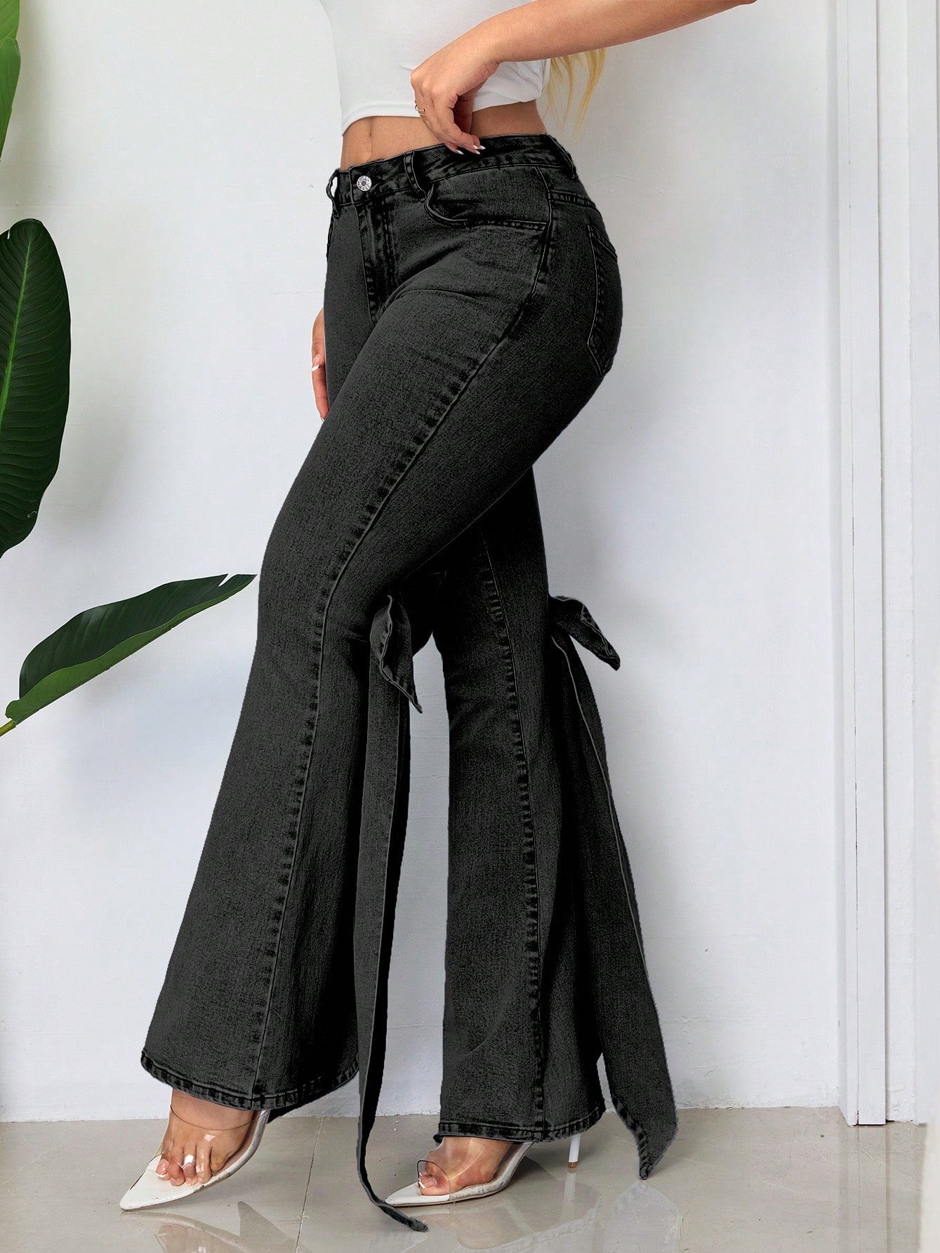 Bow Tie Stretch Mid-Waist Denim Bell Bottom Pants 7