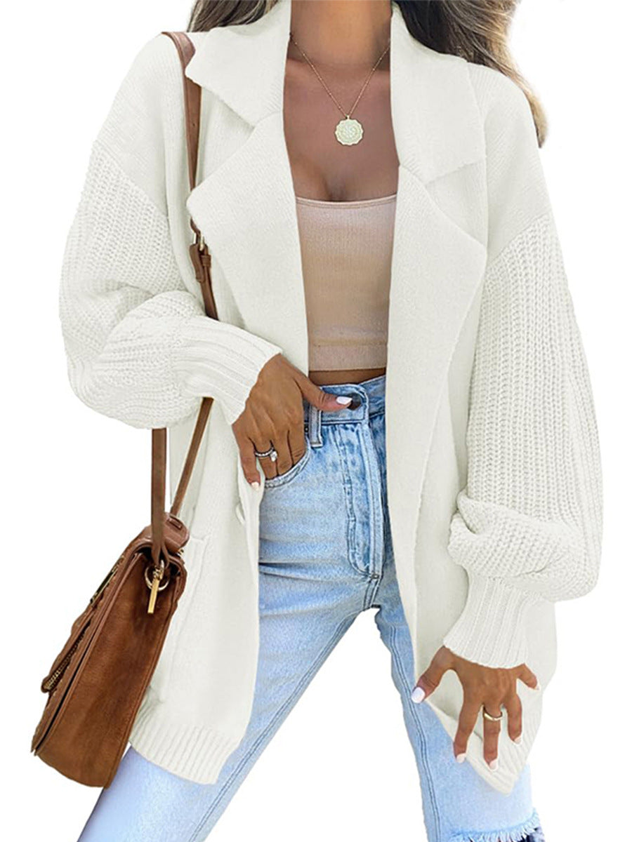 Women Solid Turndown Collar Long Sleeve Knitting Cardigan Sweater 10
