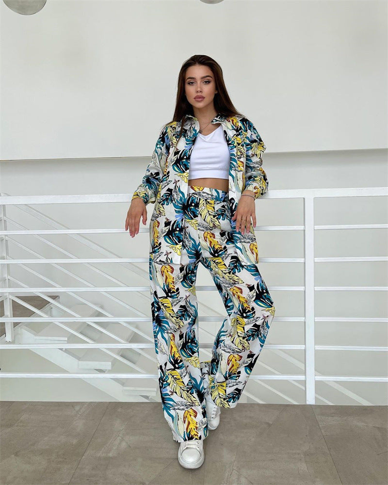 Autumn Fashion Floral Print Plus Size Loose Top High Waisted Wide Leg Pants Women Casual Suit 3