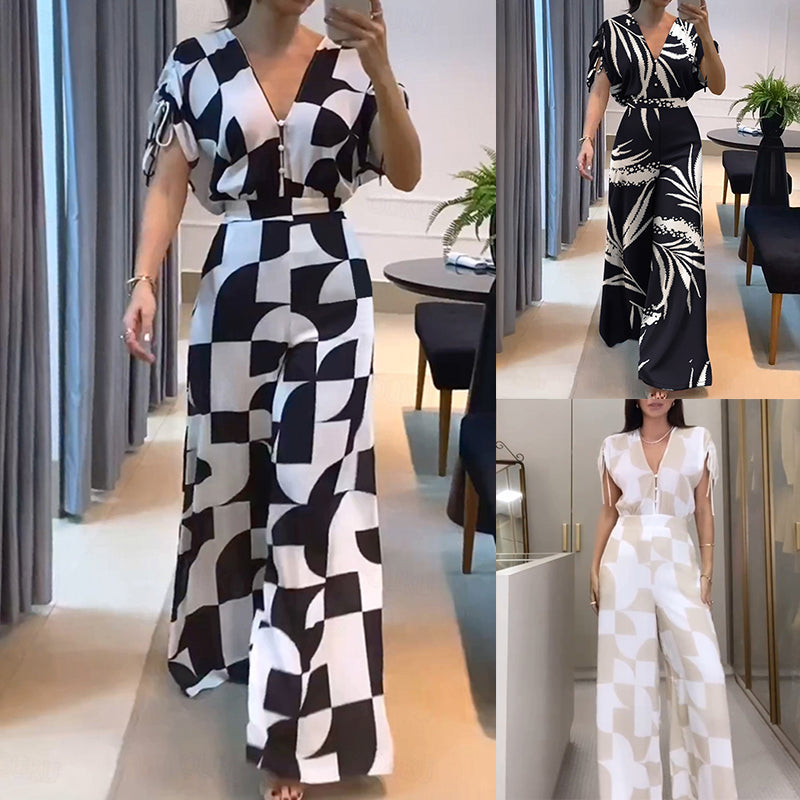 Geometric Print Short Sleeve Wide-Leg V-Neck Jumpsuit 10