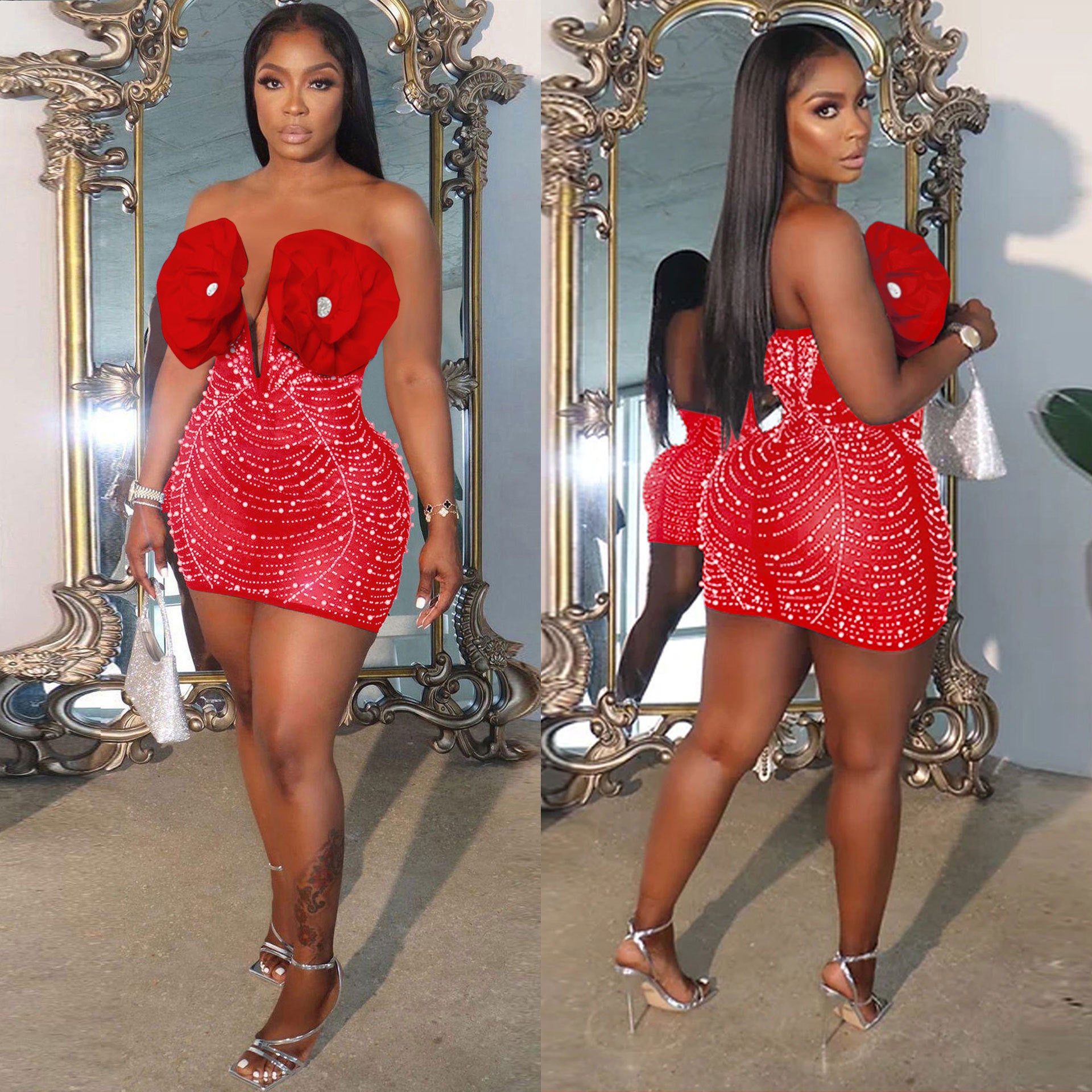 Women Sexy Beaded Pearl V Neck Flower Dress