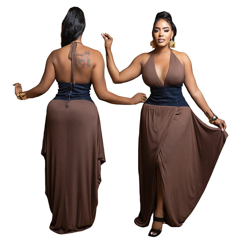 Women Slit Irregular Patchwork V-neck Dress 8