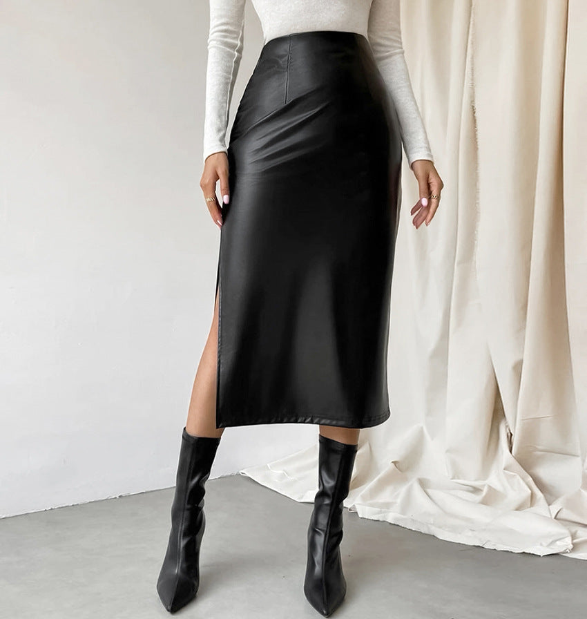 Black Sexy Autumn Winter Mid-Length PU Leather Skirt