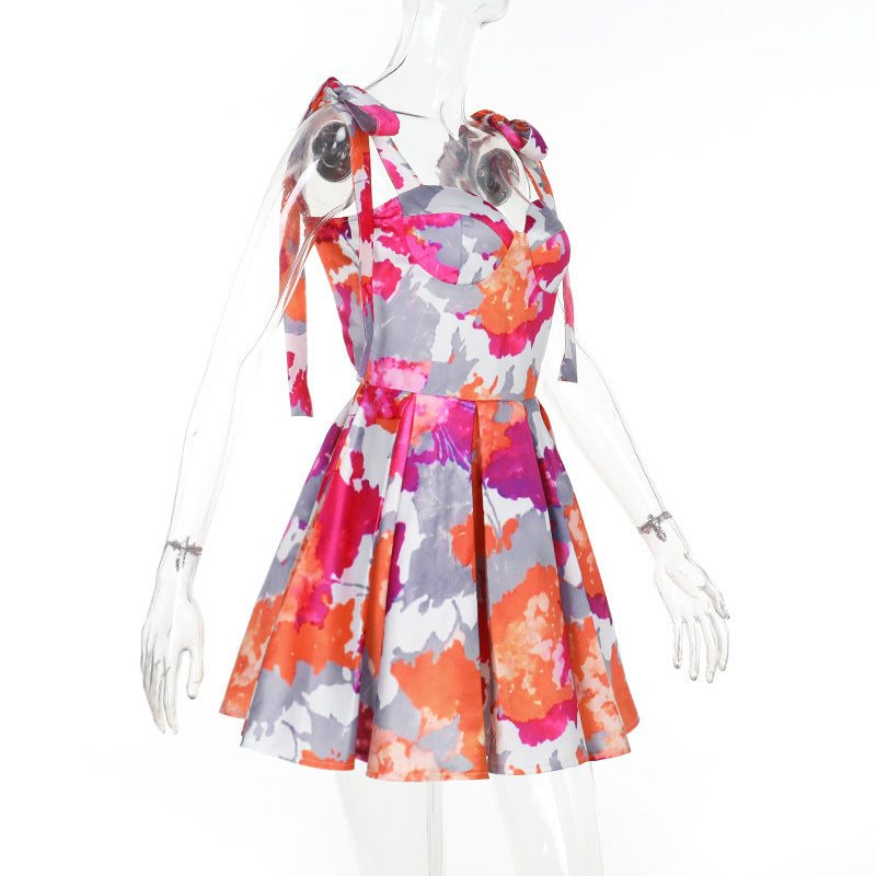 Chic Slim Waist Printed A-Line Summer Short Dress 8