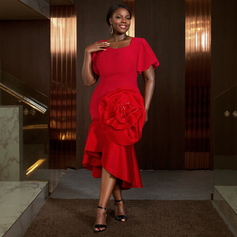 Square Neck Puff Sleeve Fishtail High Waist Formal Party Dress 3